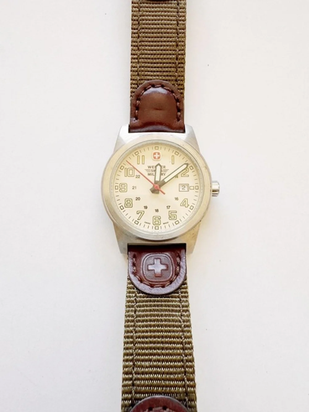 Wenger Swiss Military Field Watch, Cream Dial, Olive Nylon & Leather Band 30mm